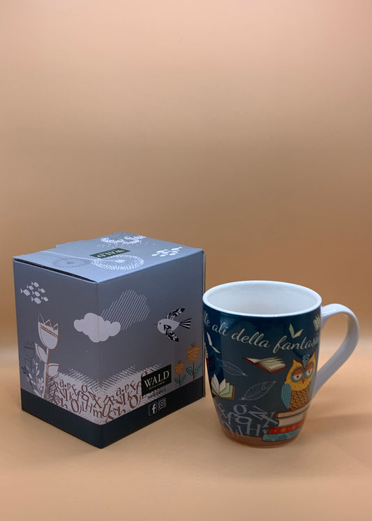 Tazza WALD in porcellana con gufo e libri col .blu