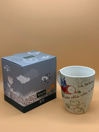 Tazza WALD in porcellana decoro quadrifoglio col. Bianco