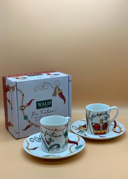 Set 2 Tazzine Caffè WALD decoro re degli Amuleti col. Bianco