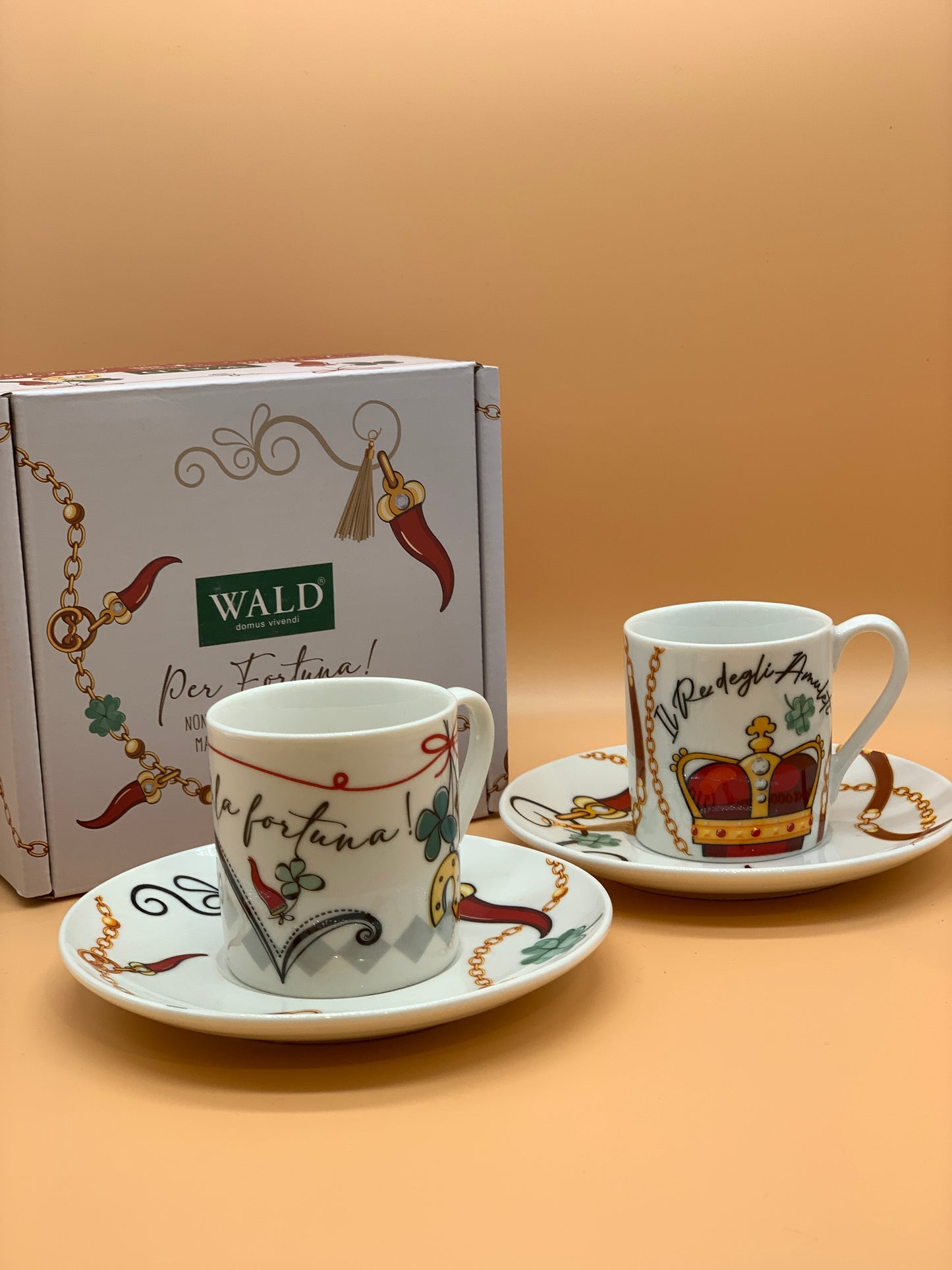 Set 2 Tazzine Caffè WALD decoro re degli Amuleti col. Bianco