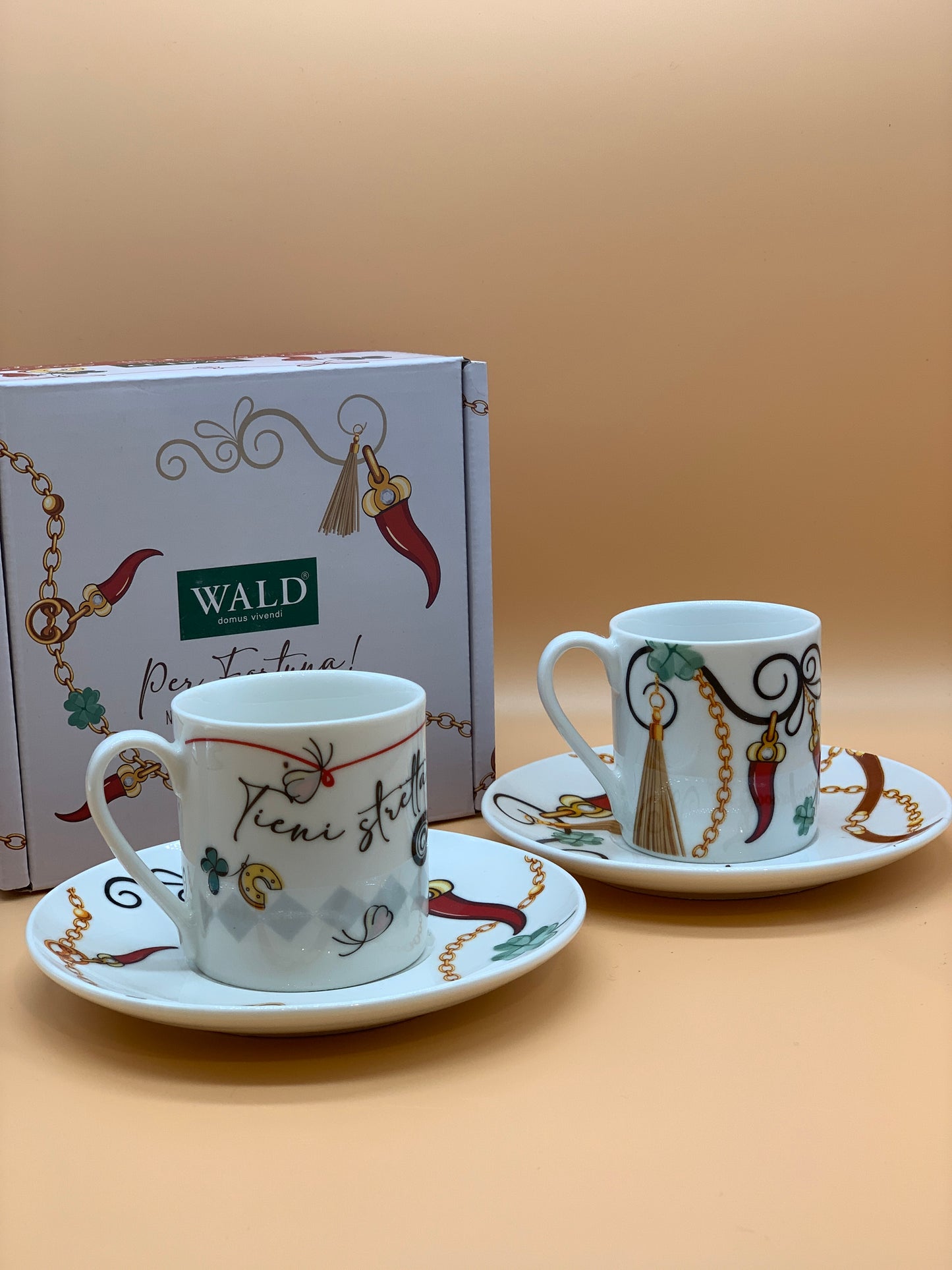 Set 2 Tazzine Caffè WALD decoro re degli Amuleti col. Bianco